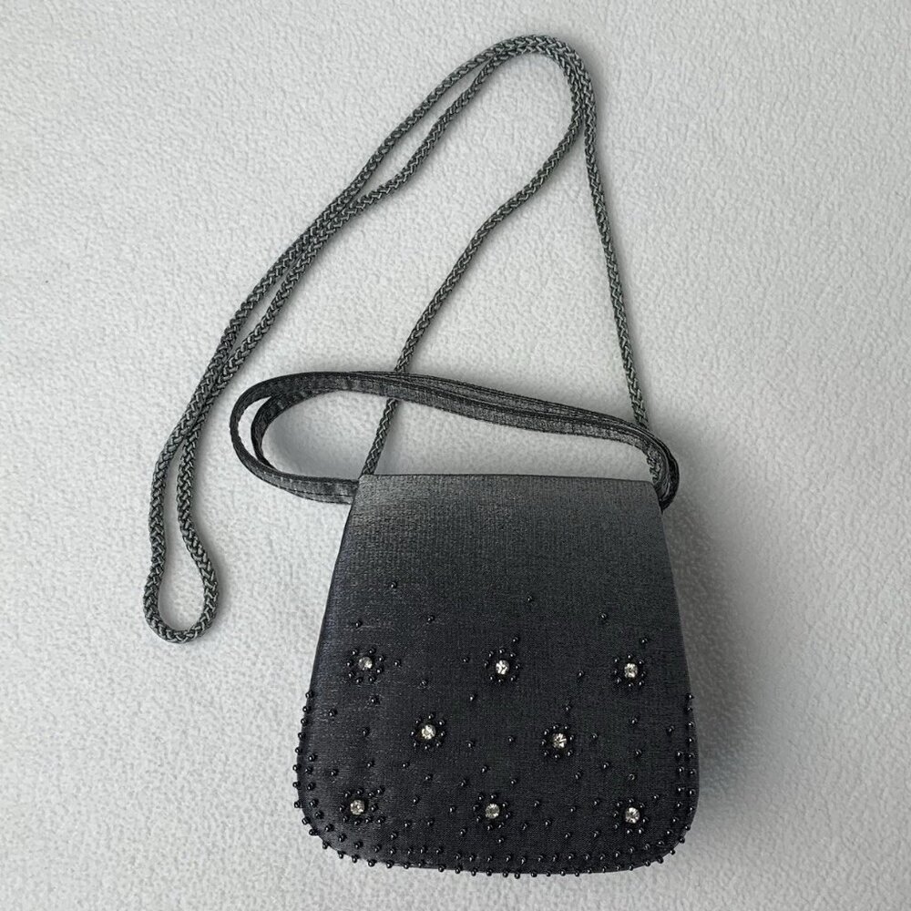 La Regale Evening Handbag Shoulder Purse Bag Gray Metallic Small Classic